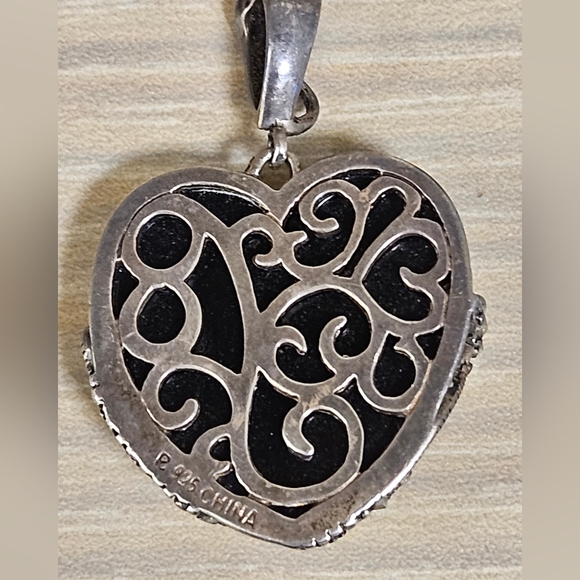 Onyx & Marcasite 3D Heart 925 Sterling Silver Pendant $245 - Picture 6 of 14
